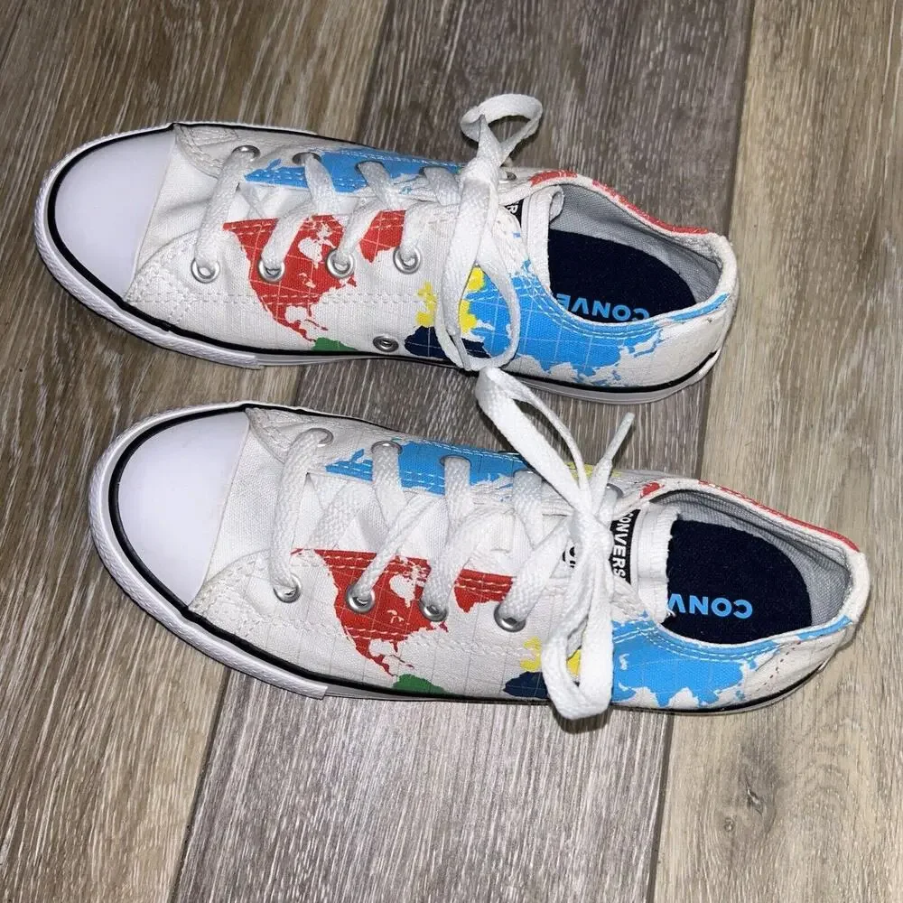 Converse All Star Kids Youth US Size 3 White Multicolor World Map Shoes 668458F